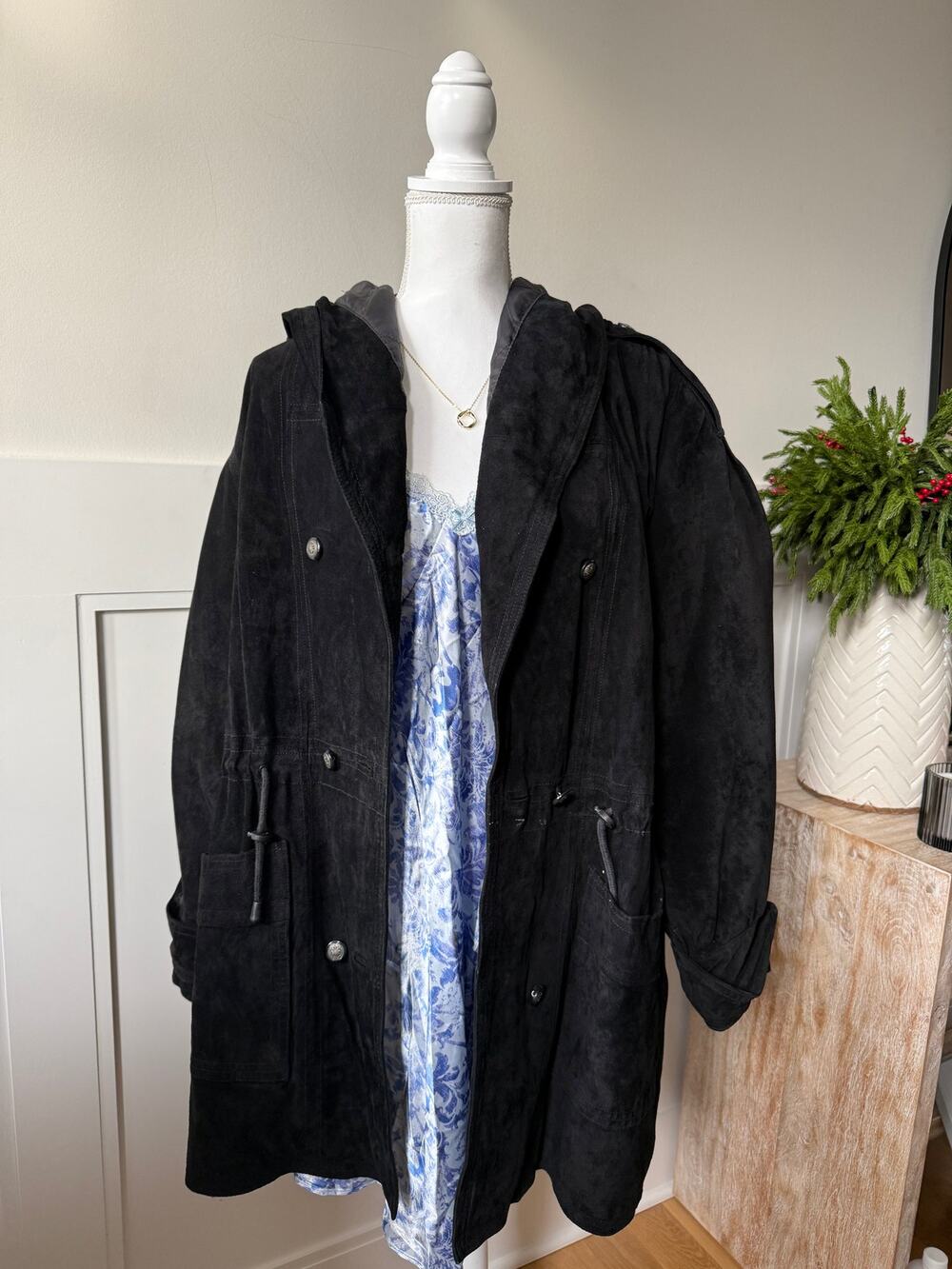 G-III Suede Hooded Black Trench Coat